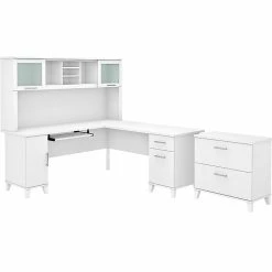Bush Furniture Somerset 72"W L-Shaped Desk With Hutch And Lateral File Cabinet, White (SET009WH)