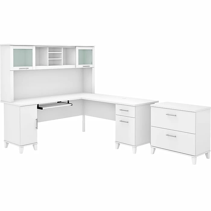 Bush Furniture Somerset 72"W L-Shaped Desk With Hutch And Lateral File Cabinet, White (SET009WH)