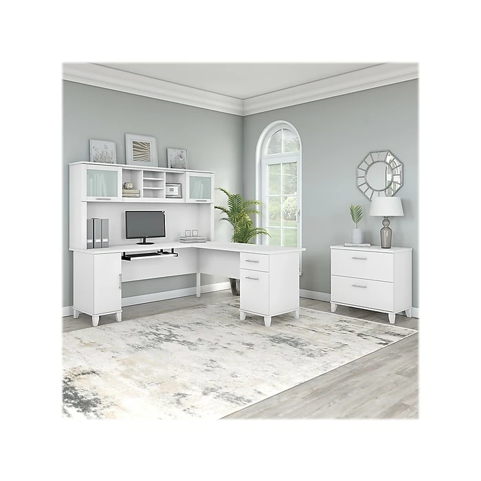 Bush Furniture Somerset 72"W L-Shaped Desk With Hutch And Lateral File Cabinet, White (SET009WH) - Image 2