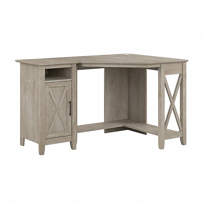 Bush Furniture Key West 34" Small Corner Desk With Storage Cabinet, Washed Gray (KWS052WG)