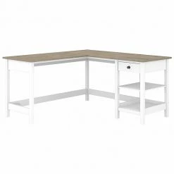 Bush Furniture Mayfield 60" L-Shaped Computer Desk With Storage, Pure White/Shiplap Gray (MAD260GW2-03)