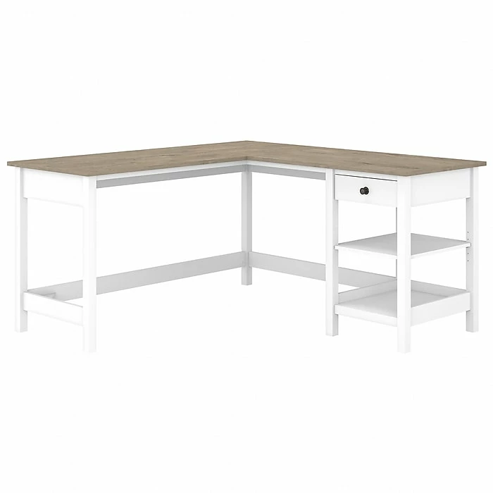 Bush Furniture Mayfield 60" L-Shaped Computer Desk With Storage, Pure White/Shiplap Gray (MAD260GW2-03)