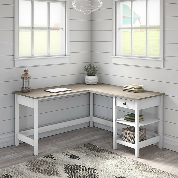 Bush Furniture Mayfield 60" L-Shaped Computer Desk With Storage, Pure White/Shiplap Gray (MAD260GW2-03) - Image 2
