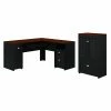 Bush Furniture Fairview 60" L-Shaped Desk And 2-Door Storage Cabinet With File Drawer, Antique Black/Hansen Cherry (FV009AB)