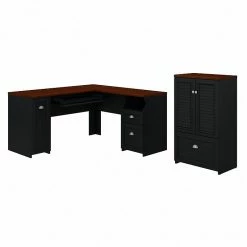 Bush Furniture Fairview 60" L-Shaped Desk And 2-Door Storage Cabinet With File Drawer, Antique Black/Hansen Cherry (FV009AB)