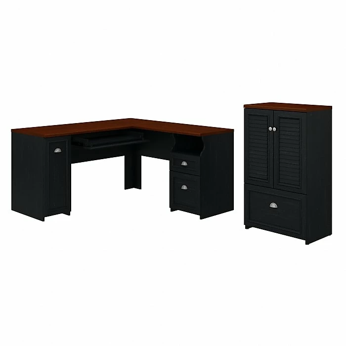 Bush Furniture Fairview 60" L-Shaped Desk And 2-Door Storage Cabinet With File Drawer, Antique Black/Hansen Cherry (FV009AB)