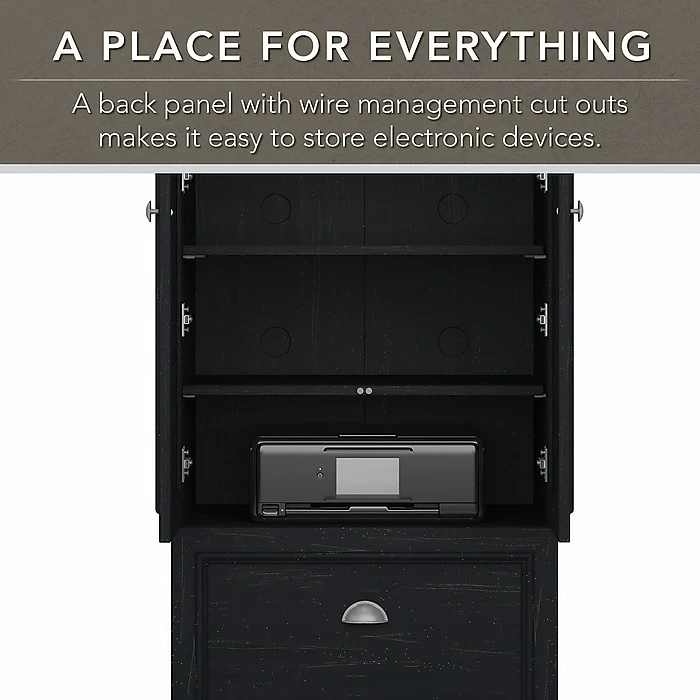 Bush Furniture Fairview 60" L-Shaped Desk And 2-Door Storage Cabinet With File Drawer, Antique Black/Hansen Cherry (FV009AB) - Image 3