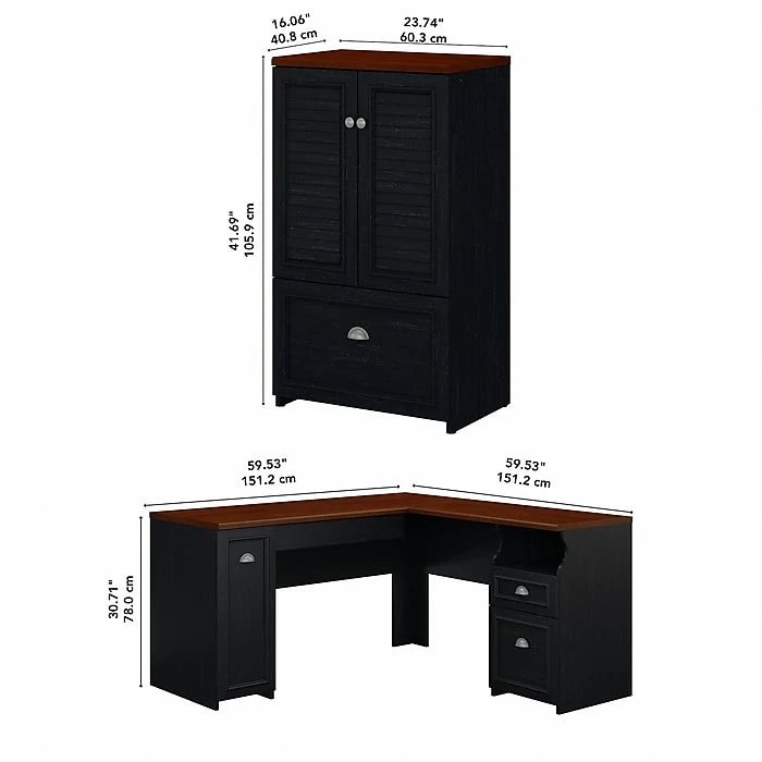 Bush Furniture Fairview 60" L-Shaped Desk And 2-Door Storage Cabinet With File Drawer, Antique Black/Hansen Cherry (FV009AB) - Image 4