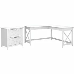 Bush Furniture Key West 60" L-Shaped Desk With Lateral File Cabinet, Pure White Oak (KWS014WT)