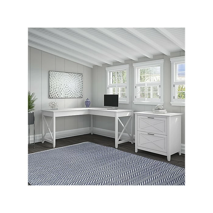 Bush Furniture Key West 60" L-Shaped Desk With Lateral File Cabinet, Pure White Oak (KWS014WT) - Image 2