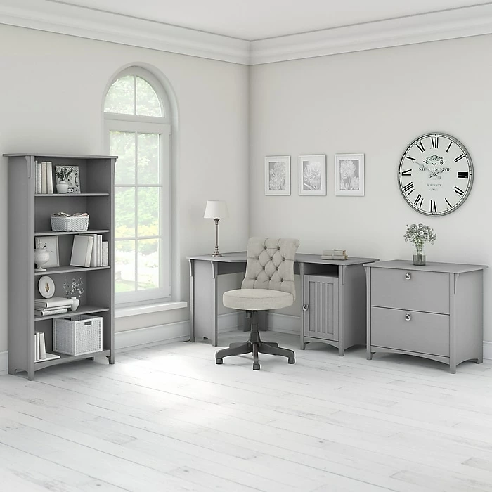 Bush Furniture Salinas 55"W Corner Desk With Lateral File Cabinet And 5-Shelf Bookcase, Cape Cod Gray (SAL013CG) - Image 3