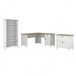 Bush Furniture Salinas 60" L-Shaped Desk With Lateral File Cabinet And 5-Shelf Bookcase, Shiplap Gray/Pure White (SAL003G2W)