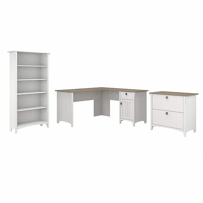 Bush Furniture Salinas 60" L-Shaped Desk With Lateral File Cabinet And 5-Shelf Bookcase, Shiplap Gray/Pure White (SAL003G2W)