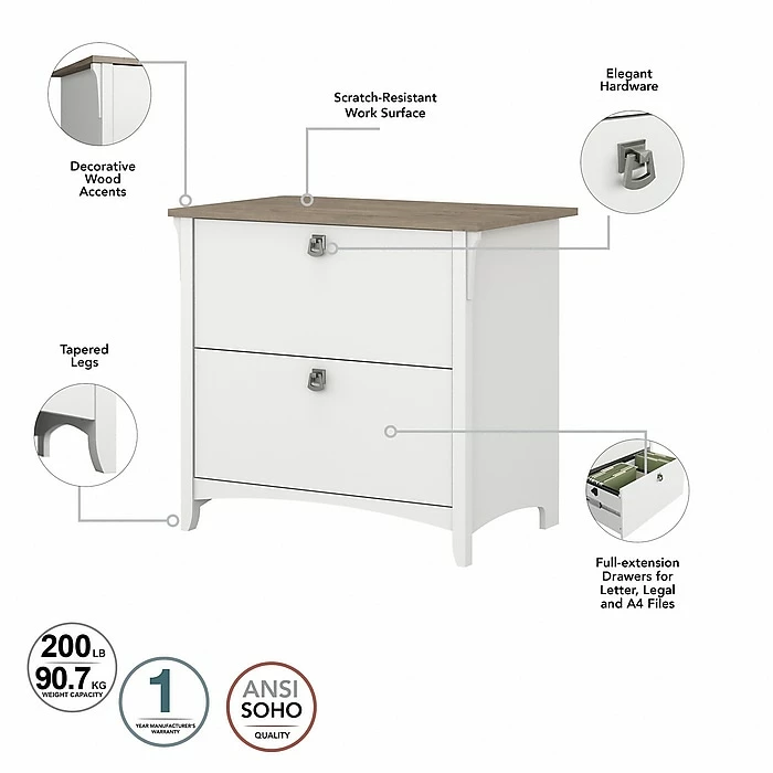 Bush Furniture Salinas 60" L-Shaped Desk With Lateral File Cabinet And 5-Shelf Bookcase, Shiplap Gray/Pure White (SAL003G2W) - Image 4