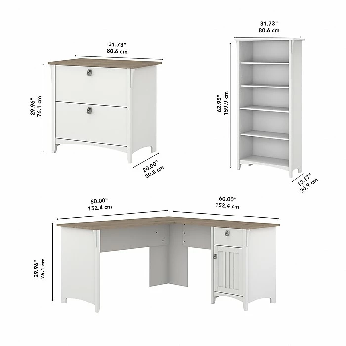 Bush Furniture Salinas 60" L-Shaped Desk With Lateral File Cabinet And 5-Shelf Bookcase, Shiplap Gray/Pure White (SAL003G2W) - Image 6