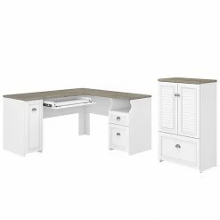 Bush Furniture Fairview 60" L-Shaped Desk And 2 Door Storage Cabinet With File Drawer, Shiplap Gray/Pure White (FV009G2W)