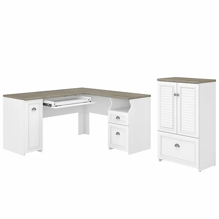 Bush Furniture Fairview 60" L-Shaped Desk And 2 Door Storage Cabinet With File Drawer, Shiplap Gray/Pure White (FV009G2W)