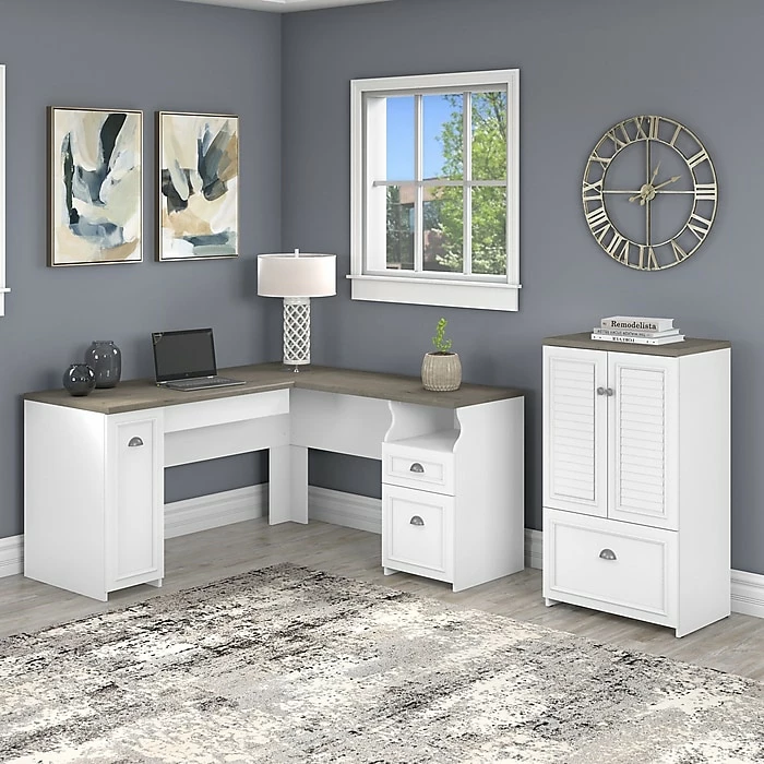 Bush Furniture Fairview 60" L-Shaped Desk And 2 Door Storage Cabinet With File Drawer, Shiplap Gray/Pure White (FV009G2W) - Image 2