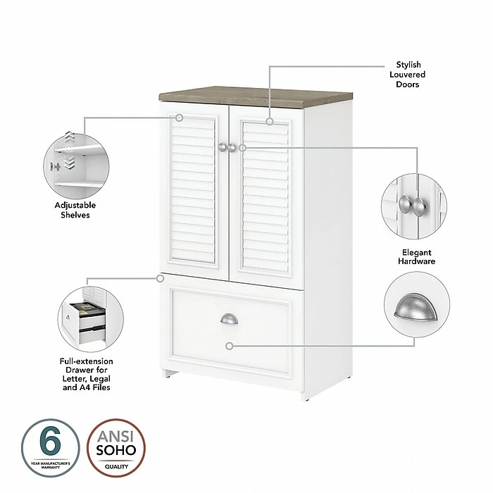Bush Furniture Fairview 60" L-Shaped Desk And 2 Door Storage Cabinet With File Drawer, Shiplap Gray/Pure White (FV009G2W) - Image 4
