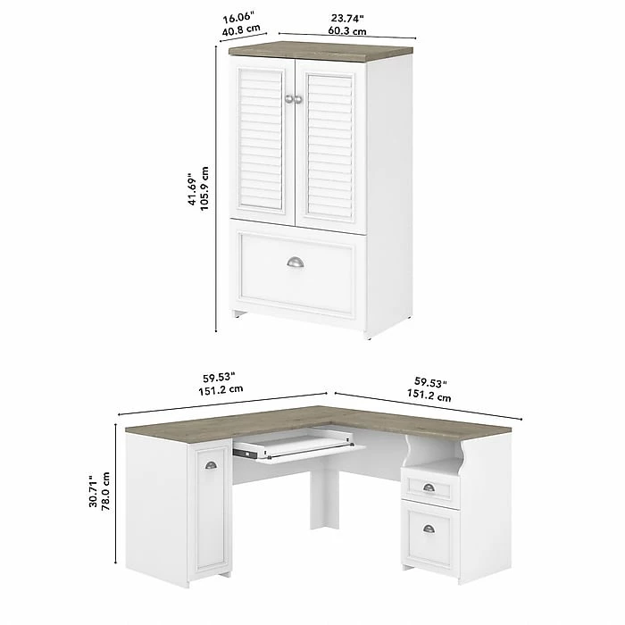 Bush Furniture Fairview 60" L-Shaped Desk And 2 Door Storage Cabinet With File Drawer, Shiplap Gray/Pure White (FV009G2W) - Image 5
