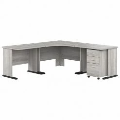 Bush Business Furniture Studio A 83"W Corner Computer Desk With 3-Drawer Mobile File Cabinet, Platinum Gray (STA003PGSU)