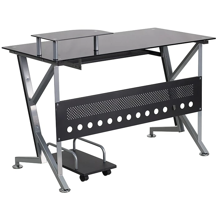Flash Furniture Glass Computer Desk With Pull-Out Keyboard Tray And CPU Cart, Black - Image 4