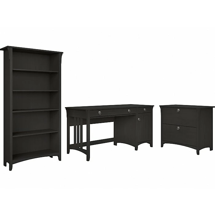 Bush Furniture Salinas 60"W Computer Desk With Bookcase And Lateral File Cabinet, Vintage Black (SAL076VB)
