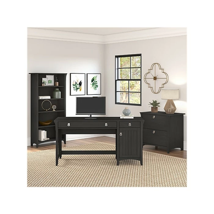 Bush Furniture Salinas 60"W Computer Desk With Bookcase And Lateral File Cabinet, Vintage Black (SAL076VB) - Image 2
