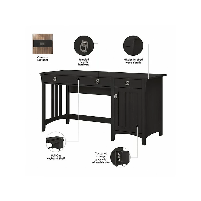 Bush Furniture Salinas 60"W Computer Desk With Bookcase And Lateral File Cabinet, Vintage Black (SAL076VB) - Image 3