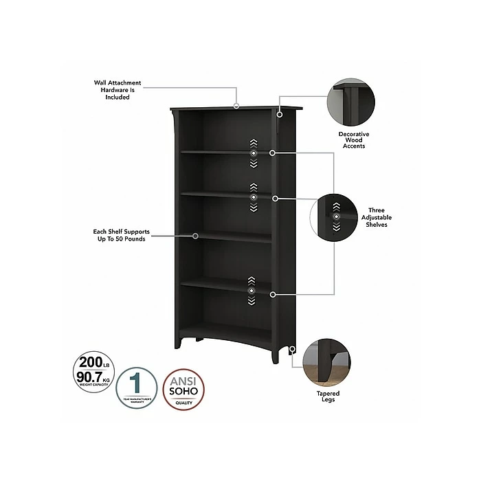 Bush Furniture Salinas 60"W Computer Desk With Bookcase And Lateral File Cabinet, Vintage Black (SAL076VB) - Image 5