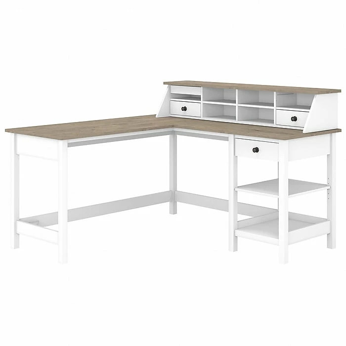 Bush Furniture Mayfield 60" L-Shaped Computer Desk With Desktop Organizer, Pure White/Shiplap Gray (MAY012GW2)