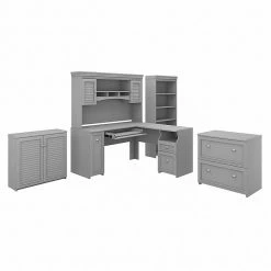 Bush Furniture Fairview 60" L-Shaped Desk With Hutch, File Cabinet, Bookcase And Storage, Cape Cod Gray (FV013CG)