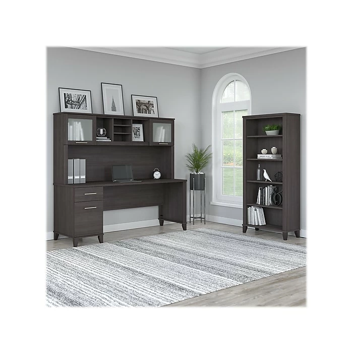 Bush Furniture Somerset 72" Computer Desk With Hutch And 5-Shelf Bookcase, Storm Gray (SET020SG) - Image 2