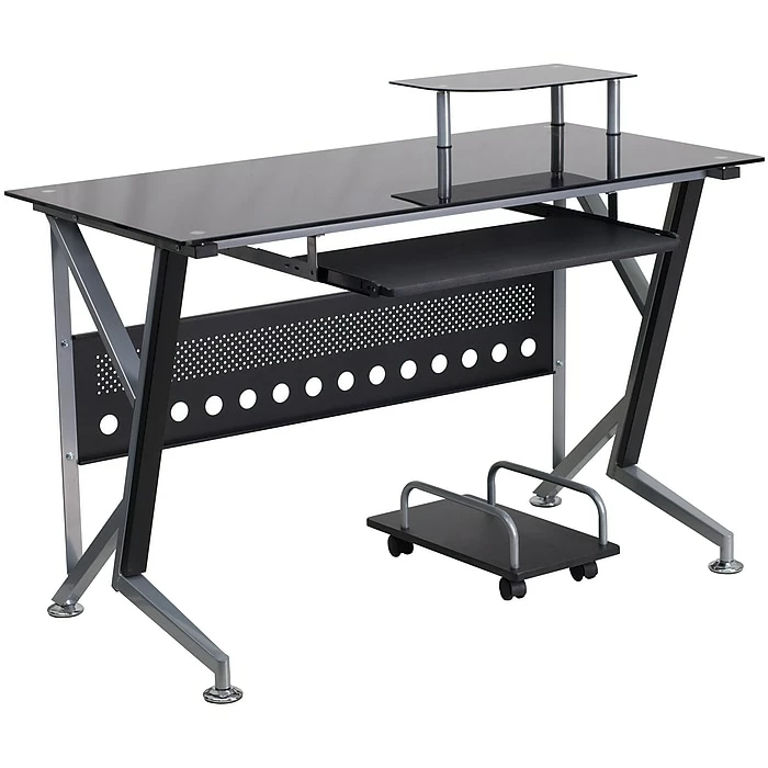Flash Furniture Glass Computer Desk With Pull-Out Keyboard Tray And CPU Cart, Black - Image 5