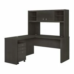 Office By Kathy Ireland® Echo 60"W L-Shaped Desk With Hutch And Mobile File Cabinet, Charcoal Maple (ECH009CM)