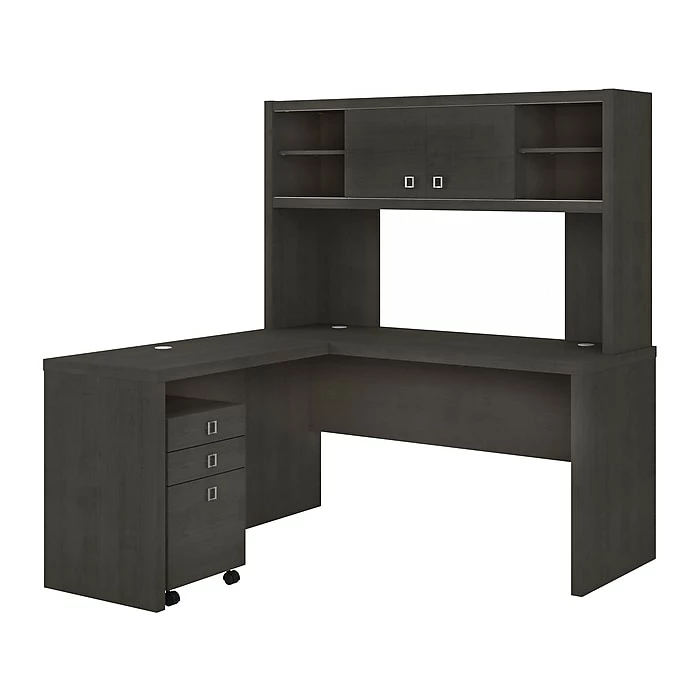 Office By Kathy Ireland® Echo 60"W L-Shaped Desk With Hutch And Mobile File Cabinet, Charcoal Maple (ECH009CM)