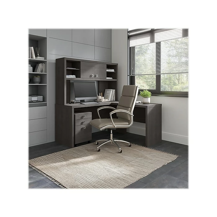 Office By Kathy Ireland® Echo 60"W L-Shaped Desk With Hutch And Mobile File Cabinet, Charcoal Maple (ECH009CM) - Image 2