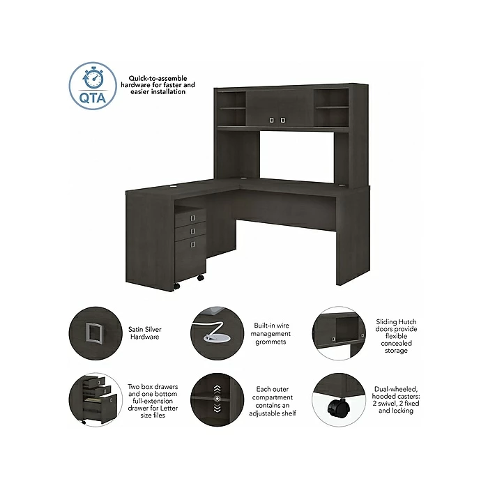 Office By Kathy Ireland® Echo 60"W L-Shaped Desk With Hutch And Mobile File Cabinet, Charcoal Maple (ECH009CM) - Image 3