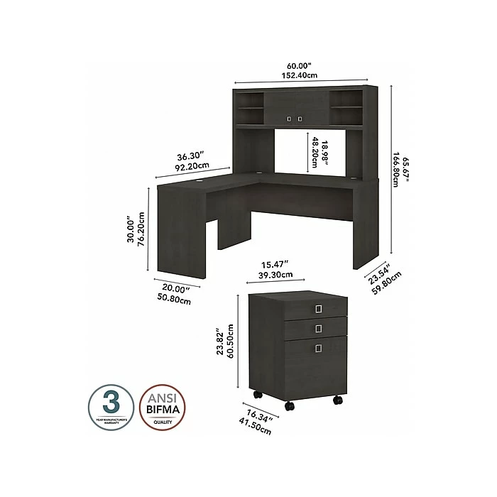 Office By Kathy Ireland® Echo 60"W L-Shaped Desk With Hutch And Mobile File Cabinet, Charcoal Maple (ECH009CM) - Image 4