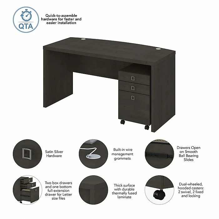 Office By Kathy Ireland® Echo 60"W Bow Front Desk With Mobile File Cabinet, Charcoal Maple (ECH001CM) - Image 3