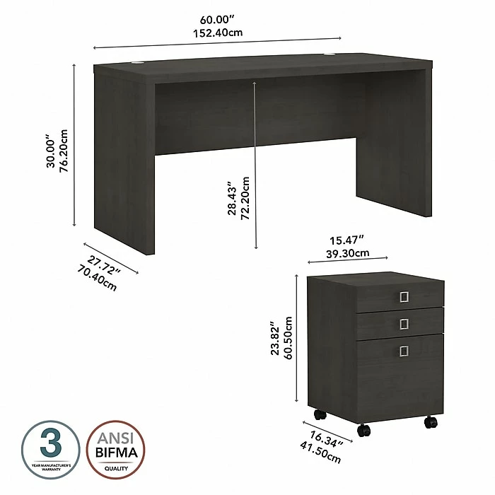 Office By Kathy Ireland® Echo 60"W Bow Front Desk With Mobile File Cabinet, Charcoal Maple (ECH001CM) - Image 4
