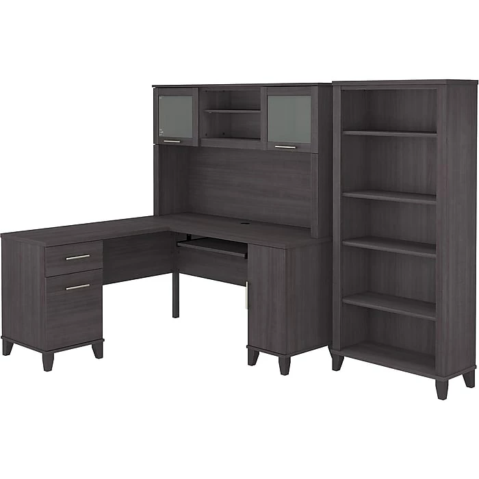 Bush Business Furniture Bush Furniture Somerset 60" L-Shaped Desk With Hutch And 5-Shelf Bookcase, Storm Gray (SET010SG)