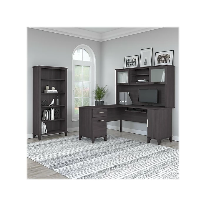 Bush Business Furniture Bush Furniture Somerset 60" L-Shaped Desk With Hutch And 5-Shelf Bookcase, Storm Gray (SET010SG) - Image 2
