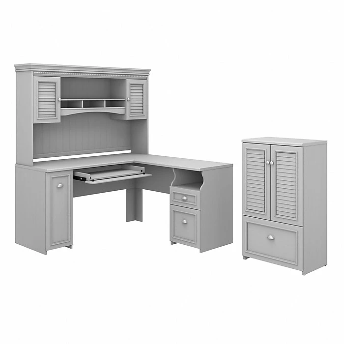 Bush Furniture Fairview 60" L-Shaped Desk With Hutch, Storage Cabinet, And File Drawer, Cape Cod Gray (FV010CG)