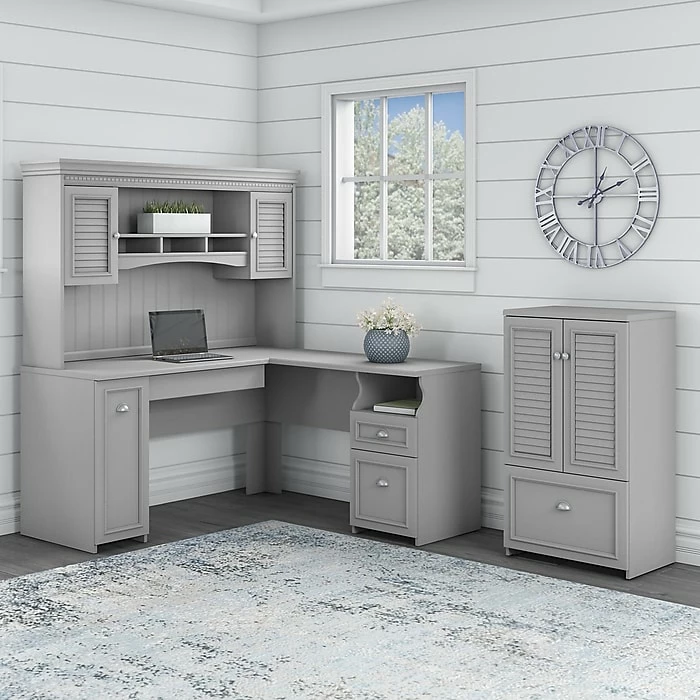 Bush Furniture Fairview 60" L-Shaped Desk With Hutch, Storage Cabinet, And File Drawer, Cape Cod Gray (FV010CG) - Image 2