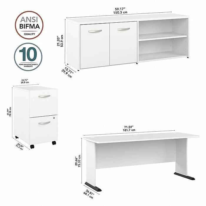 Bush Business Furniture Studio A 72"W Computer Desk With File Cabinet And Storage Cabinet, White (STA007WHSU) - Image 6