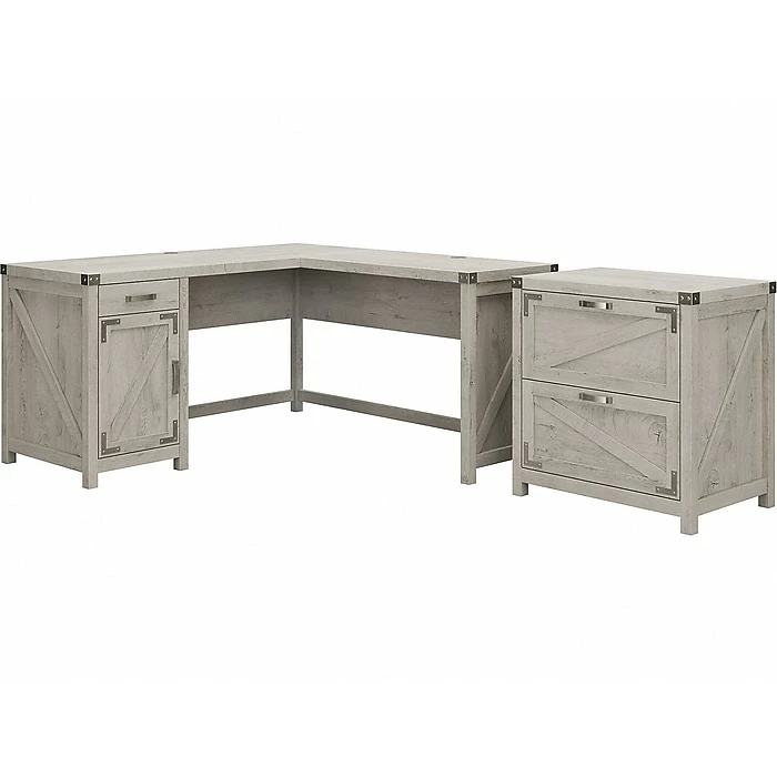 Kathy Ireland® Home By Bush Furniture Cottage Grove 60" L-Shaped Desk With Lateral File Cabinet, Cottage White (CGR004CWH)