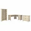 Bush Furniture Salinas 60W L Shaped Desk With Lateral File Cabinet And 5 Shelf Bookcase, Antique White (SAL003AW)