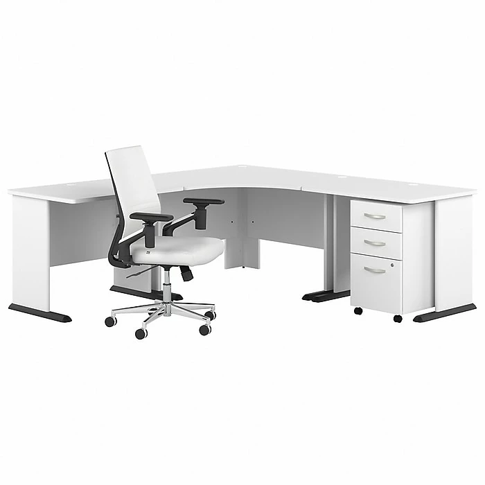 Bush Business Furniture Studio A 83" Large Corner Gaming Desk With Chair And Drawers, White (STA011WHSU)