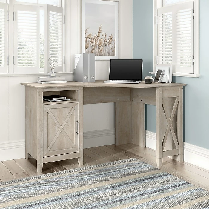 Bush Furniture Key West 54" Corner Computer Desk With Storage, Washed Gray (KWD254WG-03) - Image 2